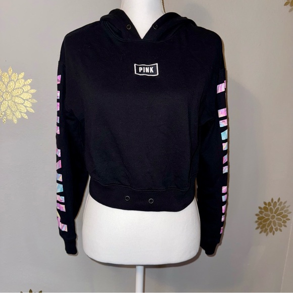 Victoria's Secret Tops - Victoria’s Secret Pink Brand Black Crop Hoodie Sweatshirt Women’s Chic Y2K‎ 90’s